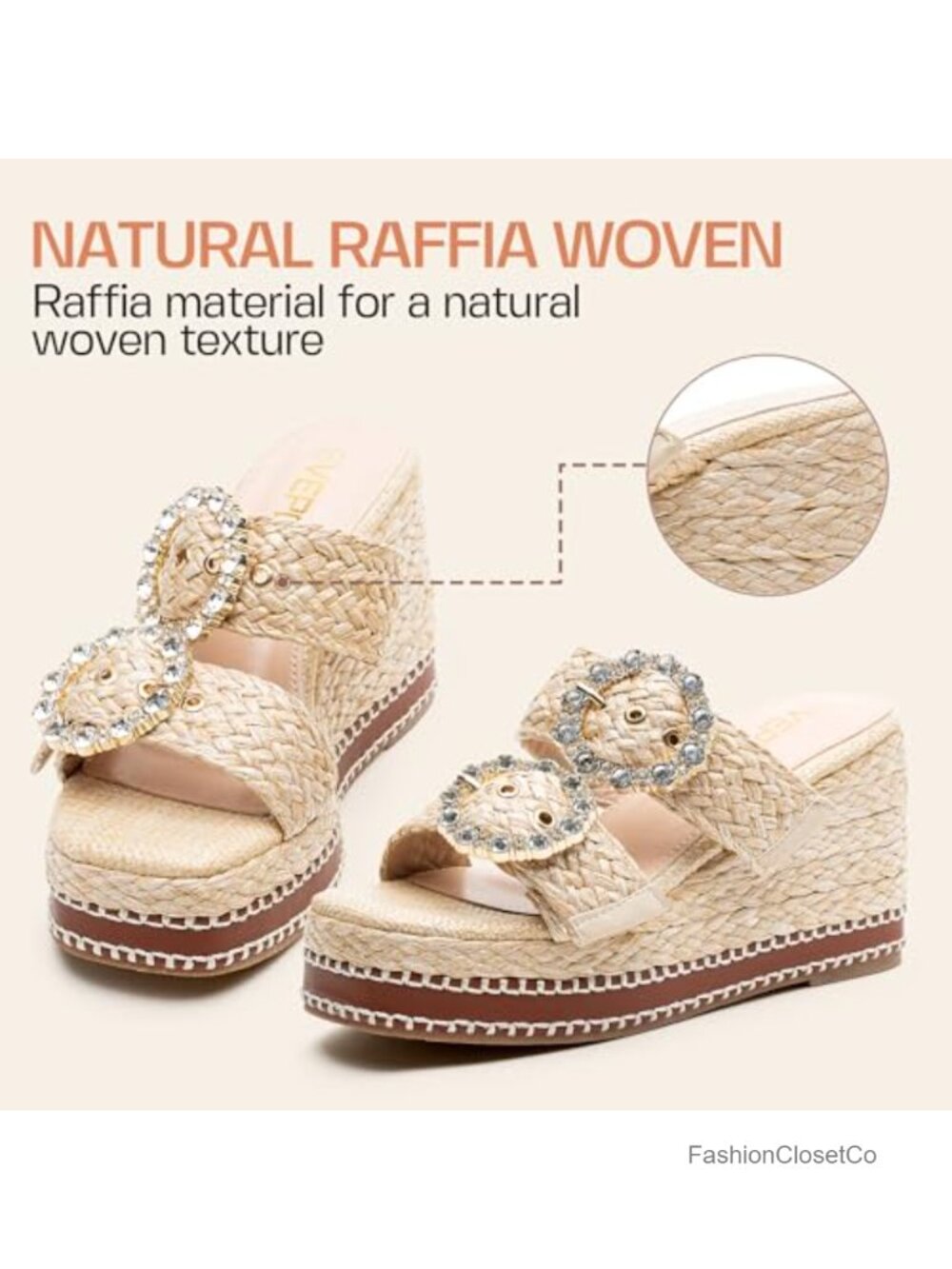 Woven Raffia Platform Wedge Sandals Espadrille Heels Square Open Toe Rhinestone - Picture 6 of 6